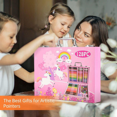 128-Piece Pink Painting Set in Portable Briefcase for All Ages (Pink)