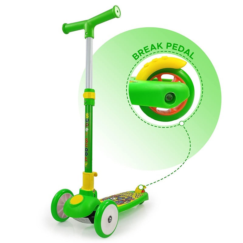 Adaptable Kids Kick Scooter: 3 Adjustable Heights | Foldable Design | Stylish PVC Wheels | Rear Brakes | 40 kg Weight Limit | Green