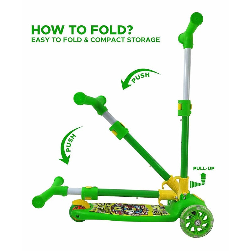 Adaptable Kids Kick Scooter: 3 Adjustable Heights | Foldable Design | Stylish PVC Wheels | Rear Brakes | 40 kg Weight Limit | Green