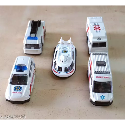 Friction-Powered Die-Cast Mini City Cars | Set of 5 | 1:64 Scale Ratio Ambulance Set (White)