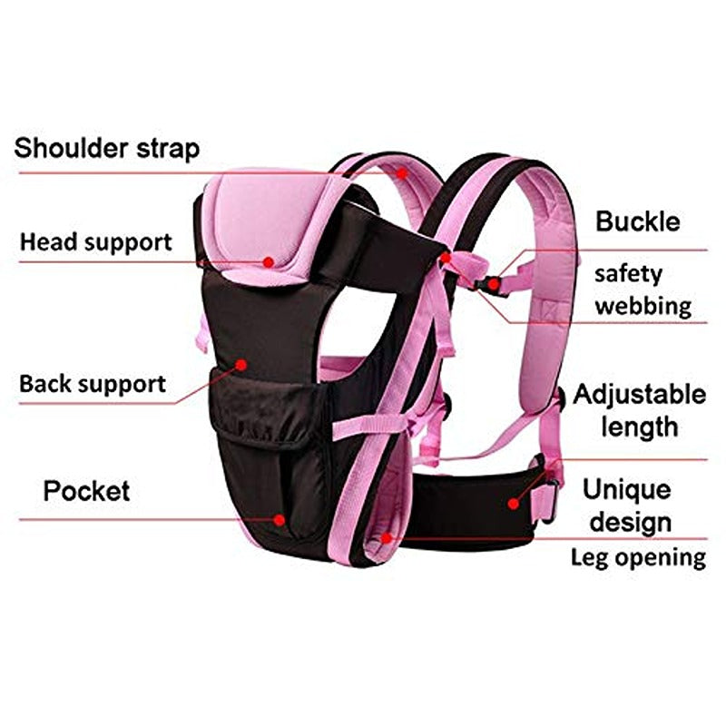 Versatile 4-in-1 Soft Baby Carrier: Comfortable Head Support & Buckle Straps (Pink)