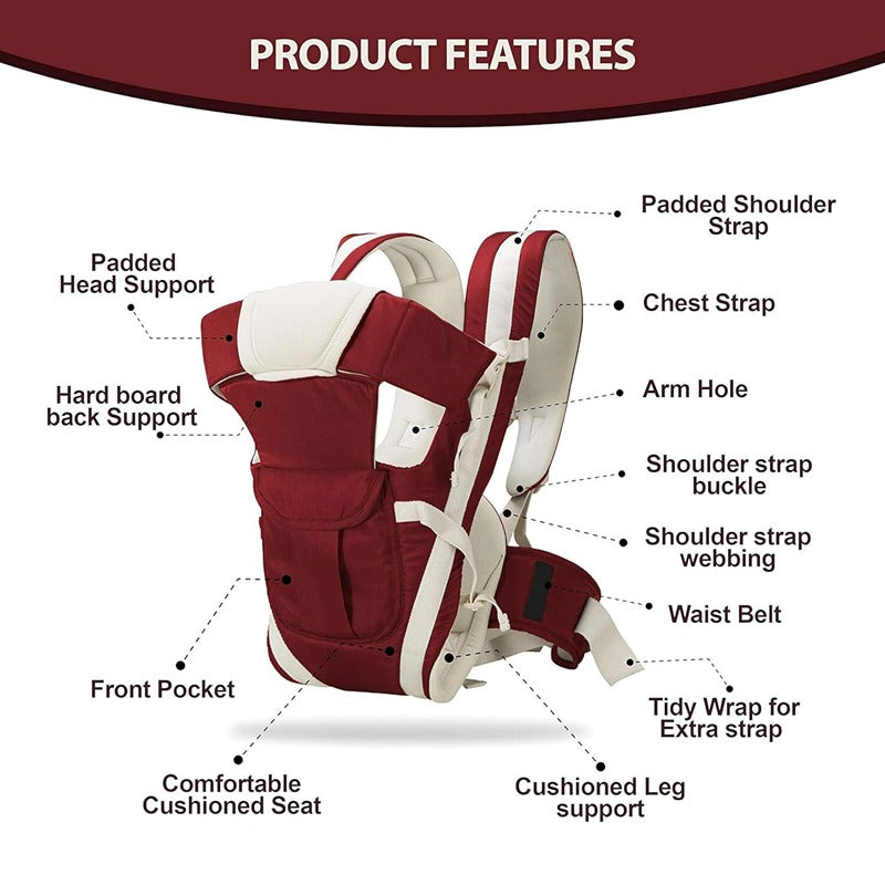 Premium 4-in-1 Baby Carrier: Comfortable Head Support & Buckle Straps (Red)