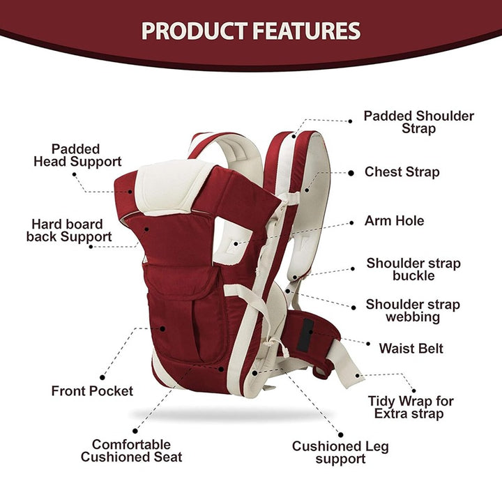 Premium 4-in-1 Baby Carrier: Comfortable Head Support & Buckle Straps (Red)