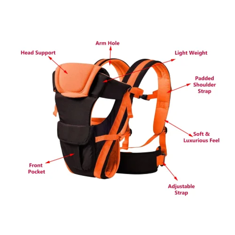 Versatile 4-in-1 Soft Baby Carrier with Comfortable Head Support & Buckle Straps (Orange)