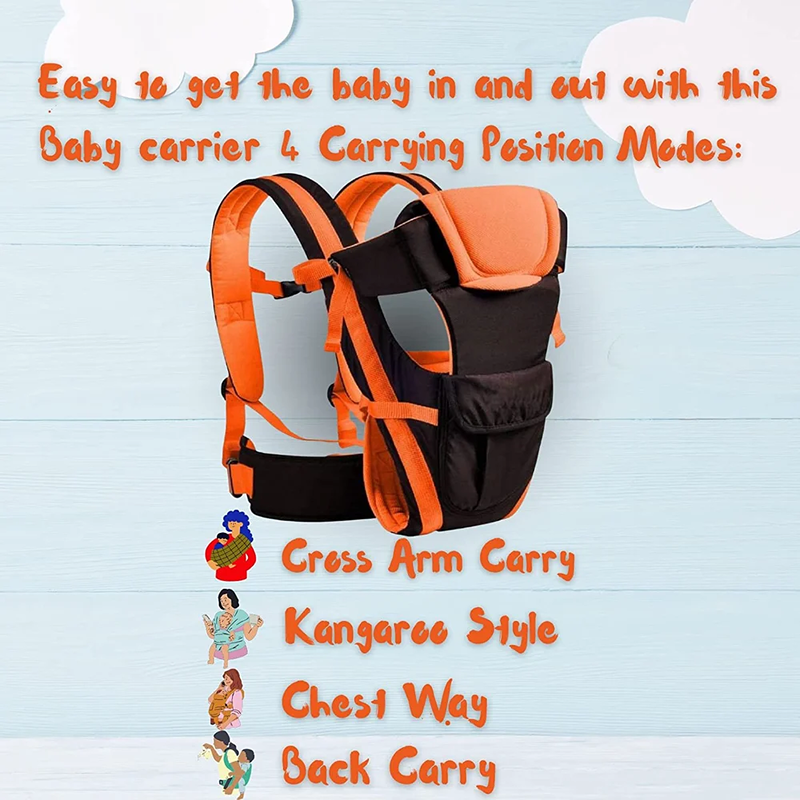 Versatile 4-in-1 Soft Baby Carrier with Comfortable Head Support & Buckle Straps (Orange)