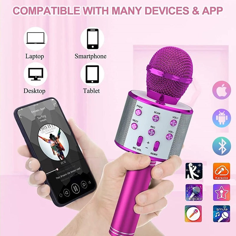 WS 818 Bluetooth Mic: Wireless Handheld Karaoke Microphone with Audio Recording, Speaker for Singing, Compatible with All Smartphones (Pink)