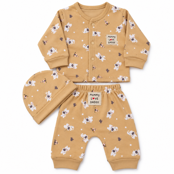 Baby Naturelle Mummy Love Daddy Cotton Knit Front Open Full Sleeves Co-ord T-Shirt & Pajama Suit with Cap - Beige
