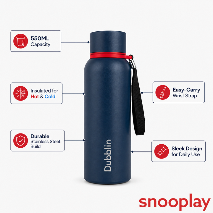 Dubblin Tango Insulated Stainless Steel Water Bottle - 550ml | Keeps Water Hot & Cold - Dark Blue