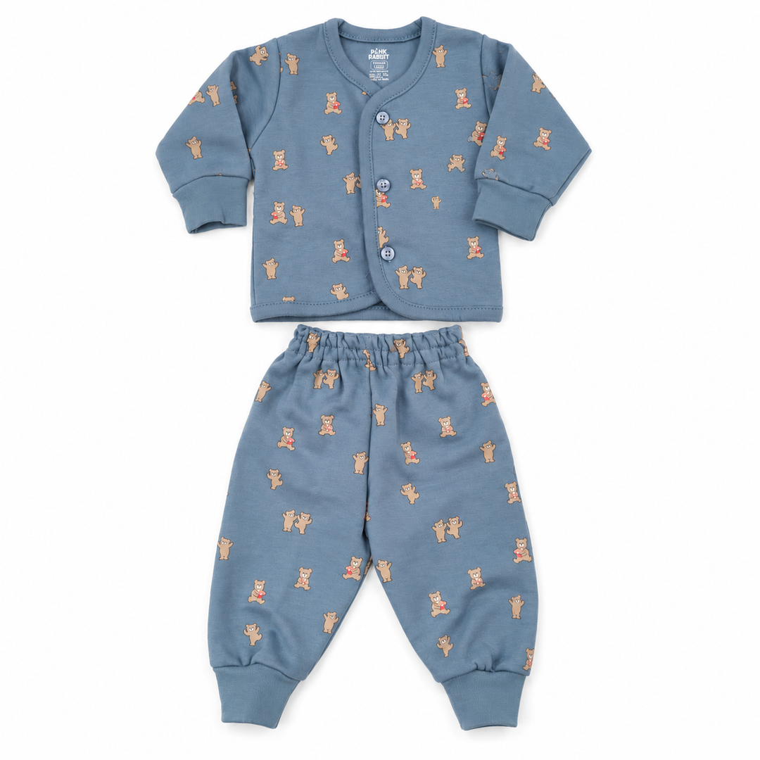 Pink Rabbit Preemie Cotton-Rich Knitted Full Sleeves Open-Front Vest & Pant Suit – 37 cm (M. Blue)