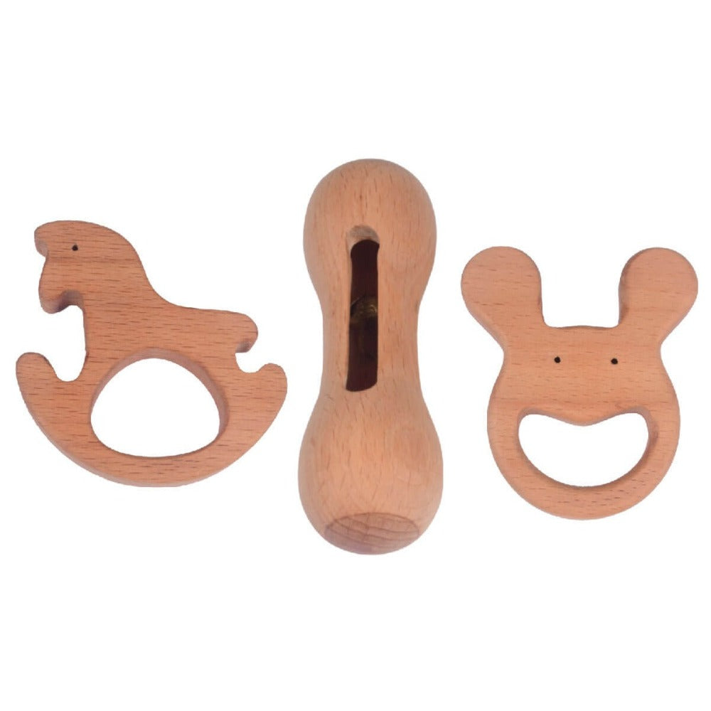 Set of 2 Wooden Teethers & 1 Wooden Bell Rattle (3-12 Months)