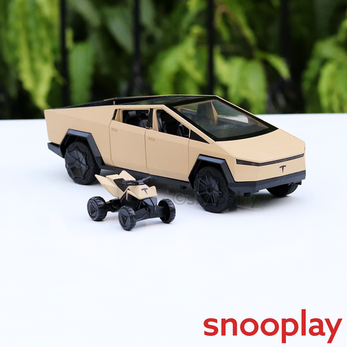 Resembling Diecast Tesla Cybertruck Pullback Car with Small ATV Bike | Sound & Light | 1:24 Scale (3 Years till Grown Ups) - Brown