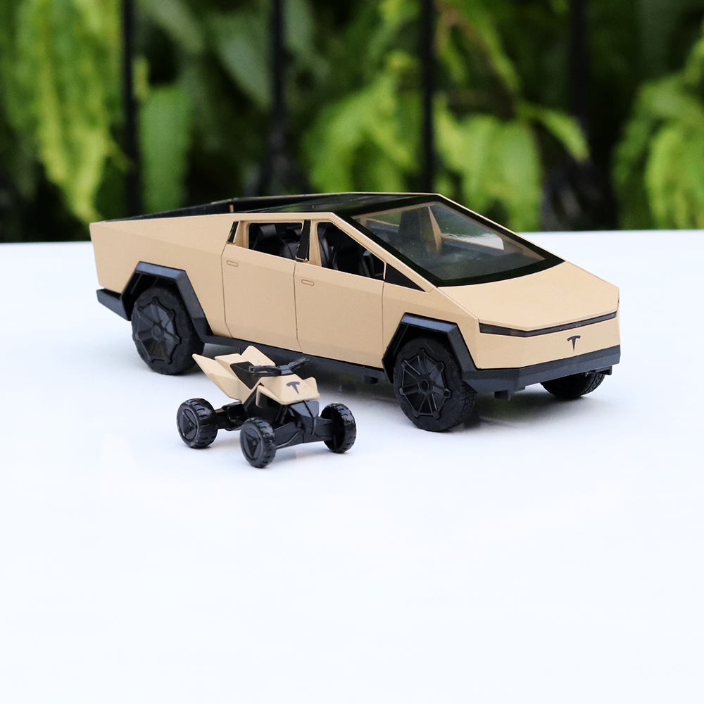 Resembling Diecast Tesla Cybertruck Pullback Car with Small ATV Bike | Sound & Light | 1:24 Scale (3 Years till Grown Ups) - Brown