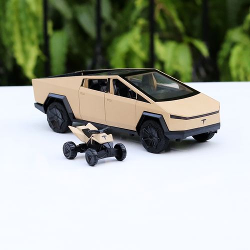Resembling Diecast Tesla Cybertruck Pullback Car with Small ATV Bike | Sound & Light | 1:24 Scale (3 Years till Grown Ups) - Brown