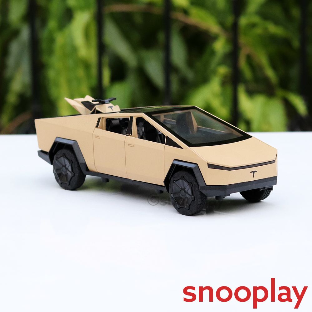 Resembling Diecast Tesla Cybertruck Pullback Car with Small ATV Bike | Sound & Light | 1:24 Scale (3 Years till Grown Ups) - Brown