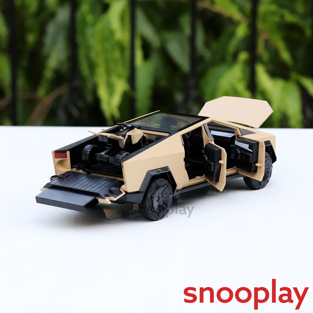 Resembling Diecast Tesla Cybertruck Pullback Car with Small ATV Bike | Sound & Light | 1:24 Scale (3 Years till Grown Ups) - Brown