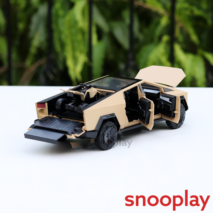 Resembling Diecast Tesla Cybertruck Pullback Car with Small ATV Bike | Sound & Light | 1:24 Scale (3 Years till Grown Ups) - Brown