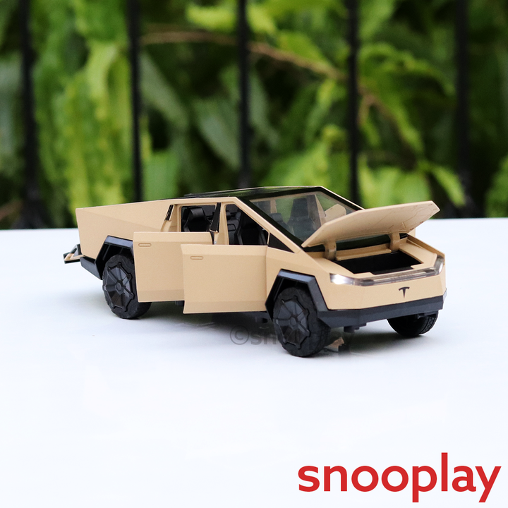Resembling Diecast Tesla Cybertruck Pullback Car with Small ATV Bike | Sound & Light | 1:24 Scale (3 Years till Grown Ups) - Brown