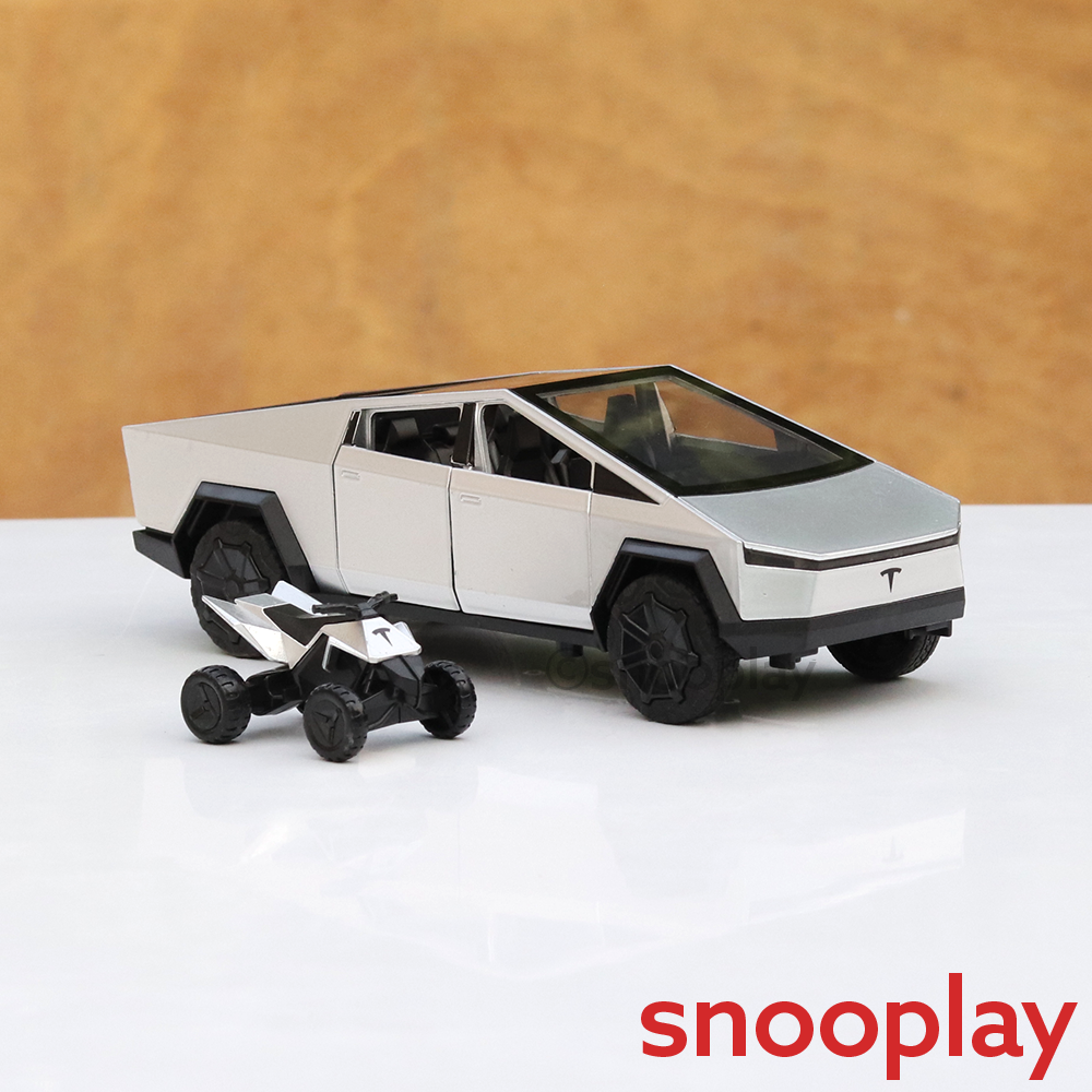 Resembling Diecast Tesla Cybertruck Pullback Car with Small ATV Bike | Sound & Light | 1:24 Scale (3 Years till Grown Ups) - Brown