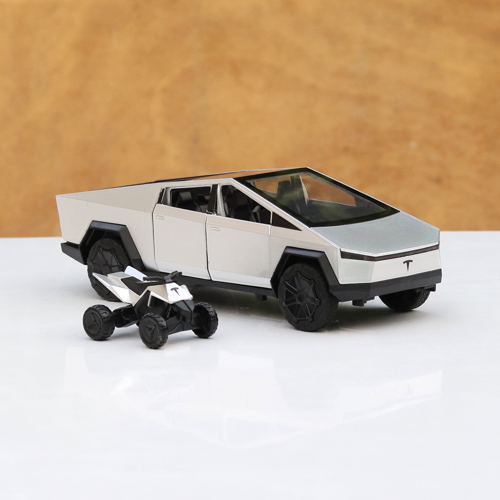 Resembling Diecast Tesla Cybertruck Pullback Car with Small ATV Bike | Sound & Light | 1:24 Scale (3 Years till Grown Ups) - Brown