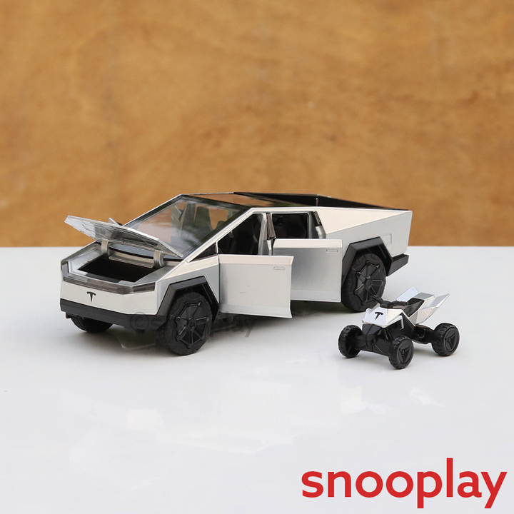 Resembling Diecast Tesla Cybertruck Pullback Car with Small ATV Bike | Sound & Light | 1:24 Scale (3 Years till Grown Ups) - Brown