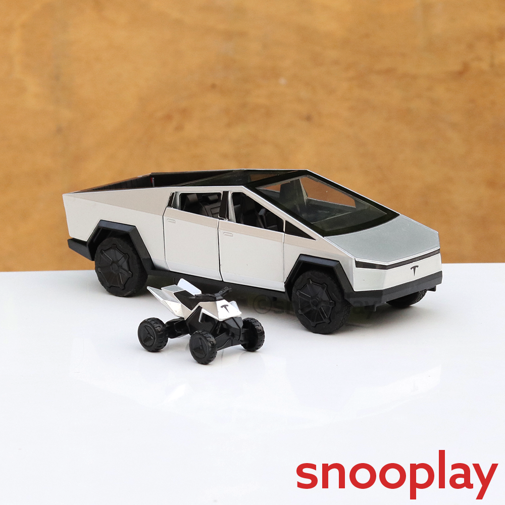 Resembling Diecast Tesla Cybertruck Pullback Car with Small ATV Bike | Sound & Light | 1:24 Scale (3 Years till Grown Ups) - Brown