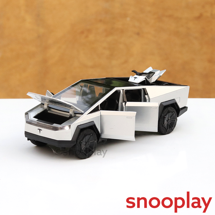 Resembling Diecast Tesla Cybertruck Pullback Car with Small ATV Bike | Sound & Light | 1:24 Scale (3 Years till Grown Ups) - Brown