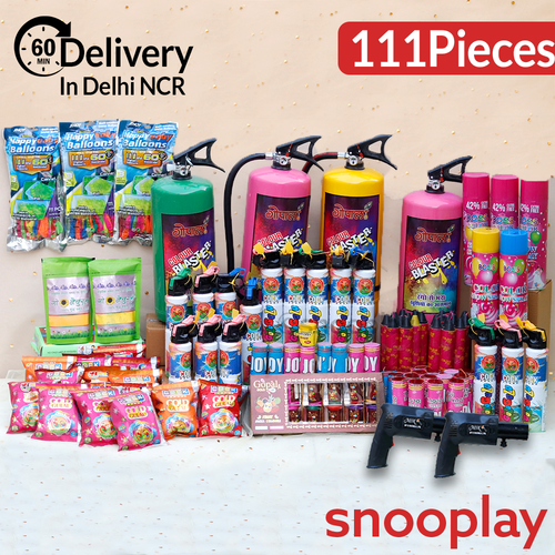 The Royal Holi Celebration Combo: 2 Cylinders (6kg), 2 Cylinders (4kg), 20 Gulaal, 2 Go Natural Gulaal, 3 Boxes Gulugulu, Snow Sprays, Blaster, Ignitors and more | Assorted Colors & Prints