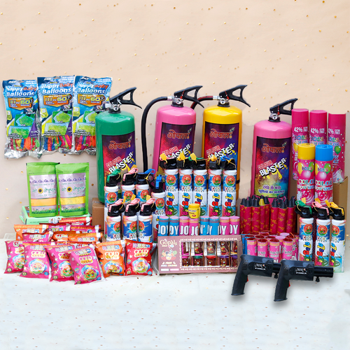 The Royal Holi Celebration Combo: 2 Cylinders (6kg), 2 Cylinders (4kg), 20 Gulaal, 2 Go Natural Gulaal, 3 Boxes Gulugulu, Snow Sprays, Blaster, Ignitors and more | Assorted Colors & Prints