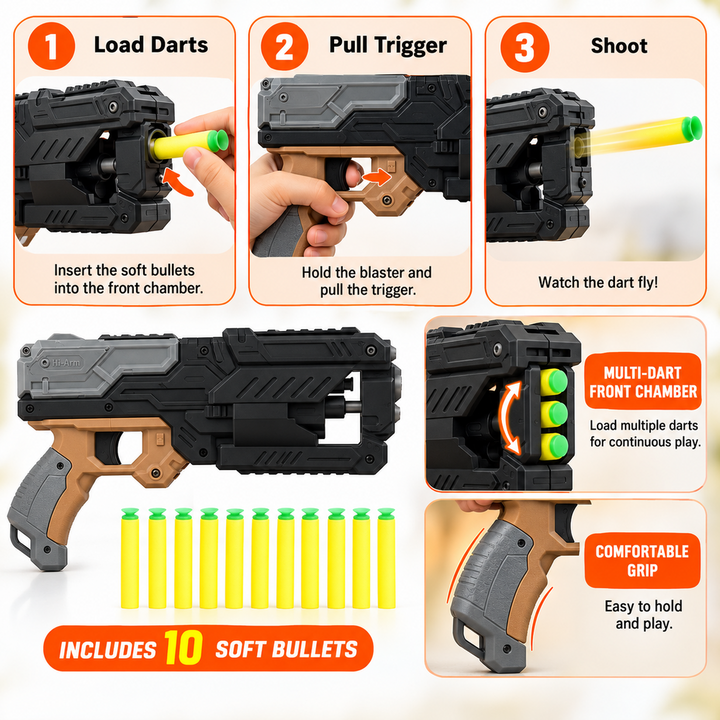 Chanak Six Fire Toy Blaster with 10 Soft Bullet | 45 Feet Range | Black