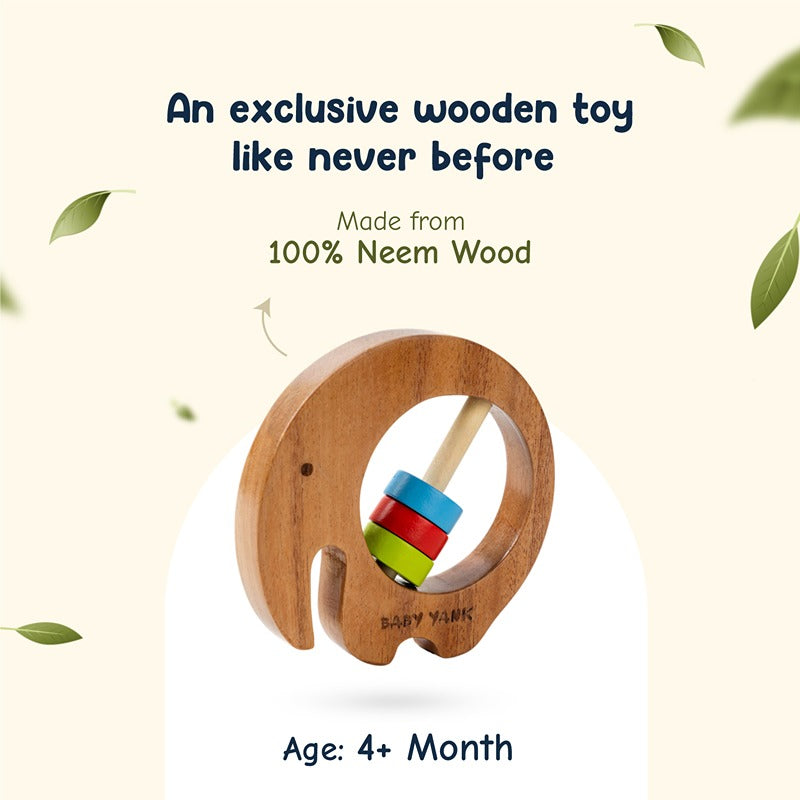 Baby Yank Neem Wooden Tusker Rattle|Teething Toy to Develop Sensory Skills for New Born, Infants and Toddlers|Safe & Non-Toxic Wooden Toy (0 to 1 Years) Multicolour