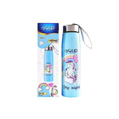 Youp Stainless Steel Insulated Sky Blue Color Unicorn Kids Water Bottle Abby - 500 ML