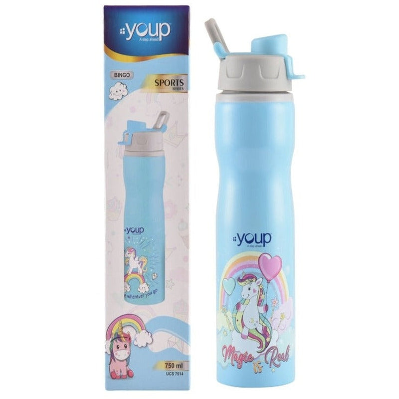 Youp Stainless Steel Blue Color Unicorn Kids Water Bottle Bingo- 750 ml