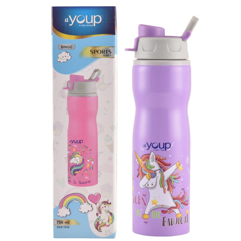 Youp Stainless steel purple color Unicorn kids water bottle BINGO - 750 ml