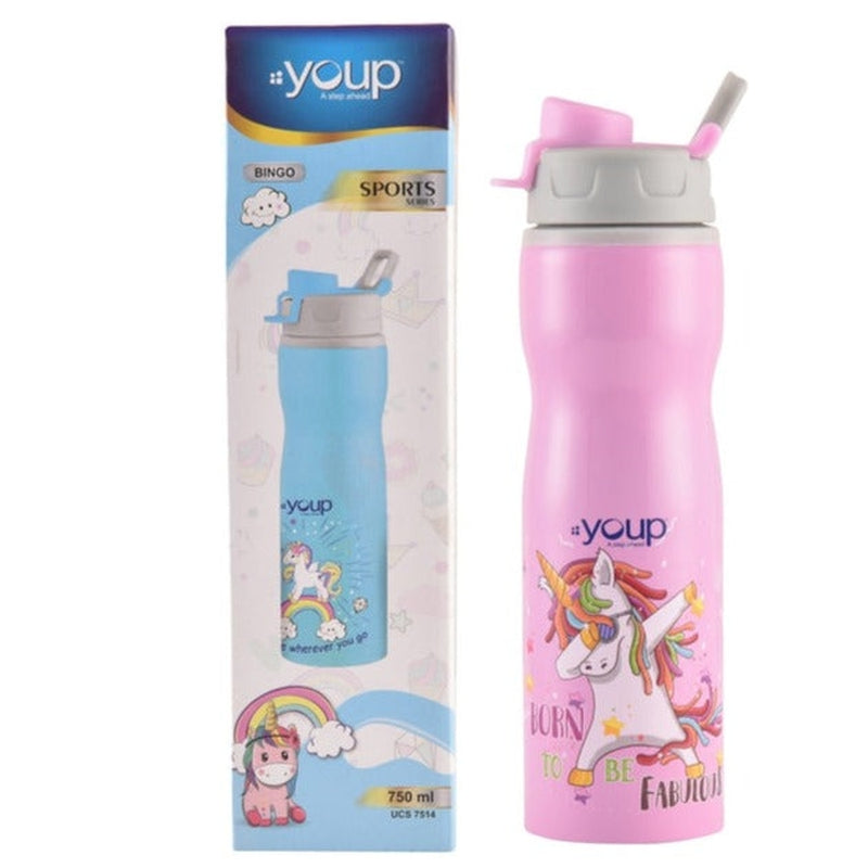 Youp Stainless Steel Pink Color Unicorn Kids Water Bottle Bingo - 750 ml