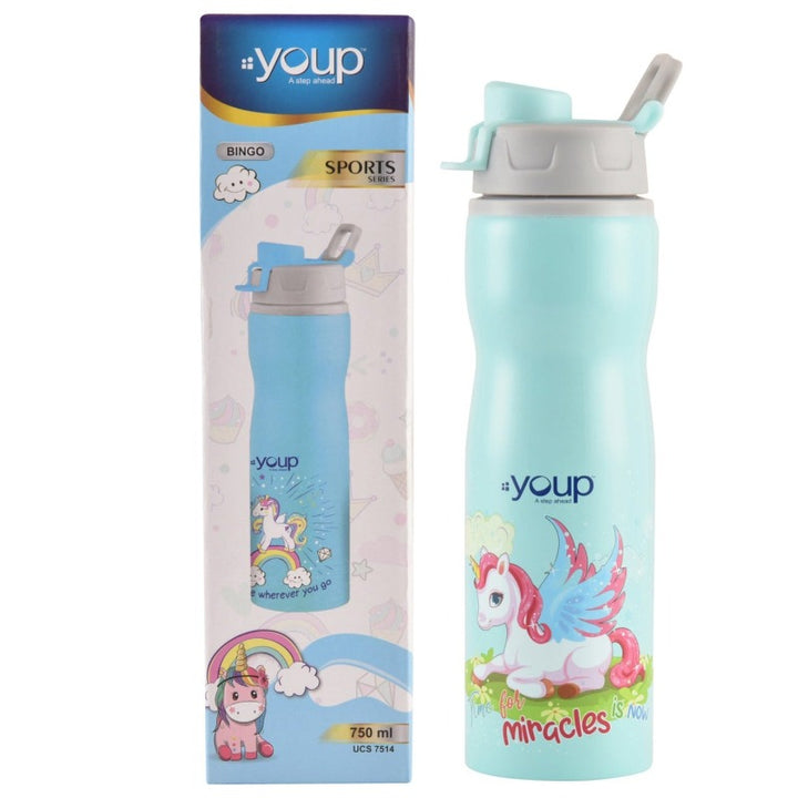 Youp Stainless steel green color Unicorn kids water bottle BINGO - 750 ml