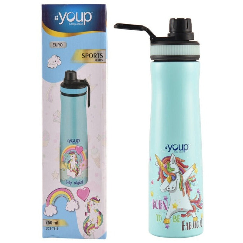 Youp Stainless steel green color Unicorn kids water bottle EURO - 750 ml