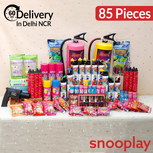 Ultimate Holi Gold Combo: 2 Cylinders (6kg), Boxes of Gululgulu, Blaster, Ignitors, Go Natural Gulaals, Snow Sprays, Color Fogs, Water Colors and More | Assorted Colors & Prints