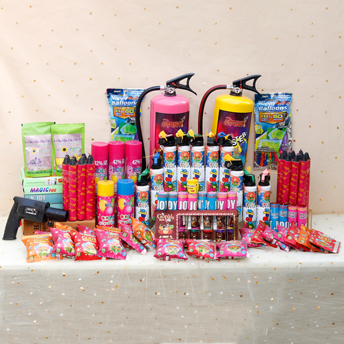 Ultimate Holi Gold Combo: 2 Cylinders (6kg), Boxes of Gululgulu, Blaster, Ignitors, Go Natural Gulaals, Snow Sprays, Color Fogs, Water Colors and More | Assorted Colors & Prints
