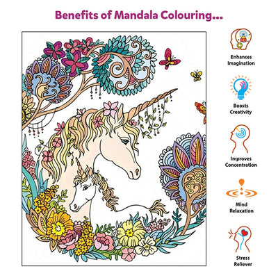 Unicorn Mandala Art Colouring Kit With 24 Big Sheets and 12 Sketch Pens - Multicolour