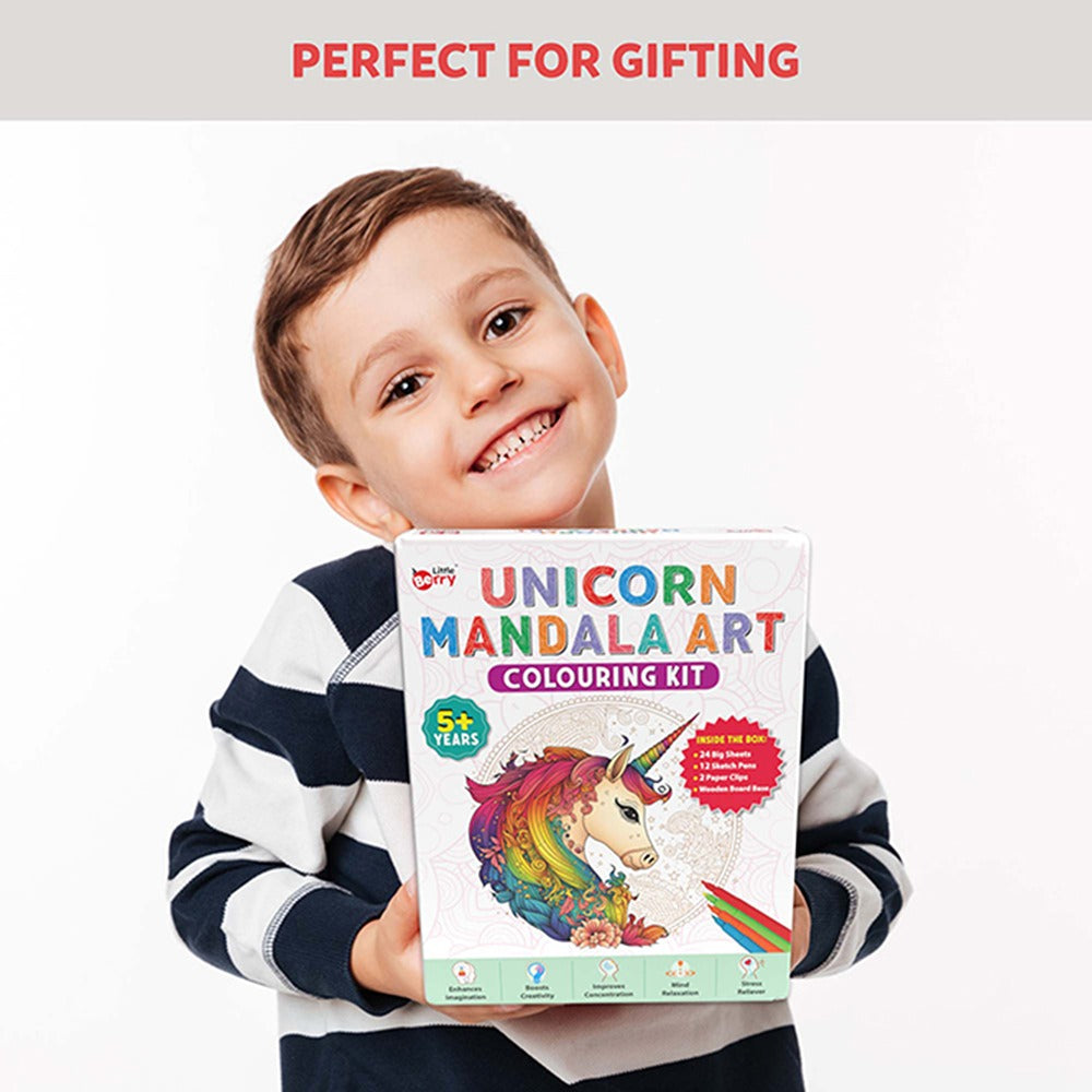 Unicorn Mandala Art Colouring Kit With 24 Big Sheets and 12 Sketch Pens - Multicolour