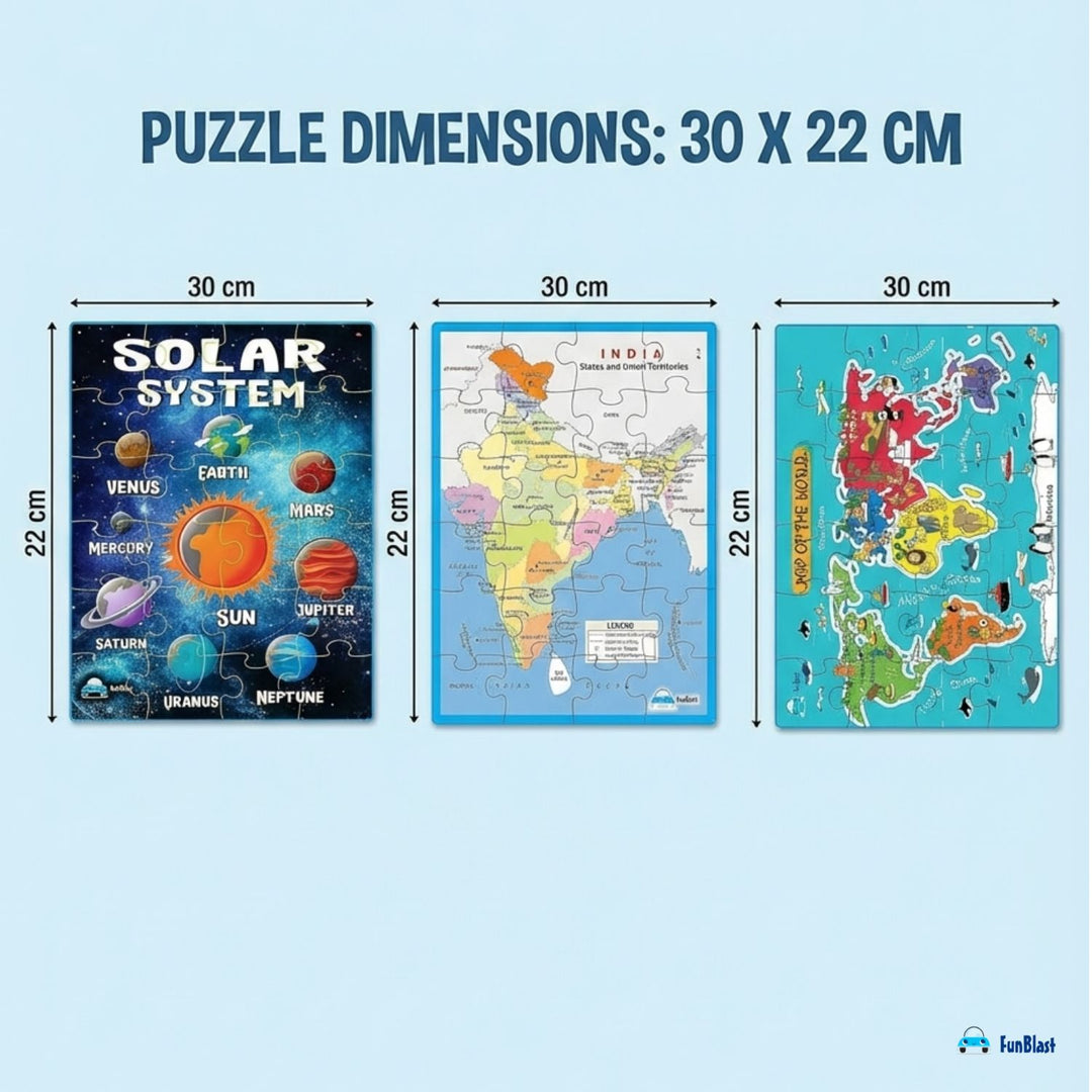 FunBlast 3 In 1 Jigsaw Puzzle - Solar System, Map Of India & World Map | 72 Pieces