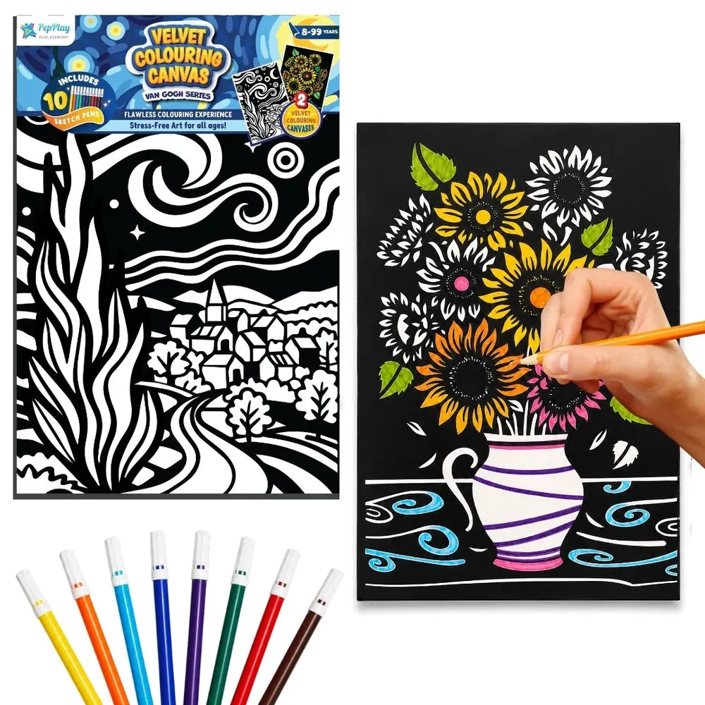 PepPlay Velvet Colouring Canvas | Set of 2 – Van Gogh Series - Sunflowers & Starry Night