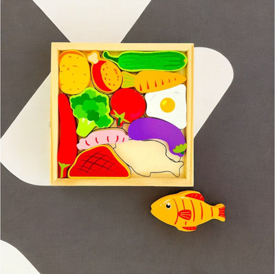 Vegetable Puzzle - Wooden Square Tray With Vegetable Blocks