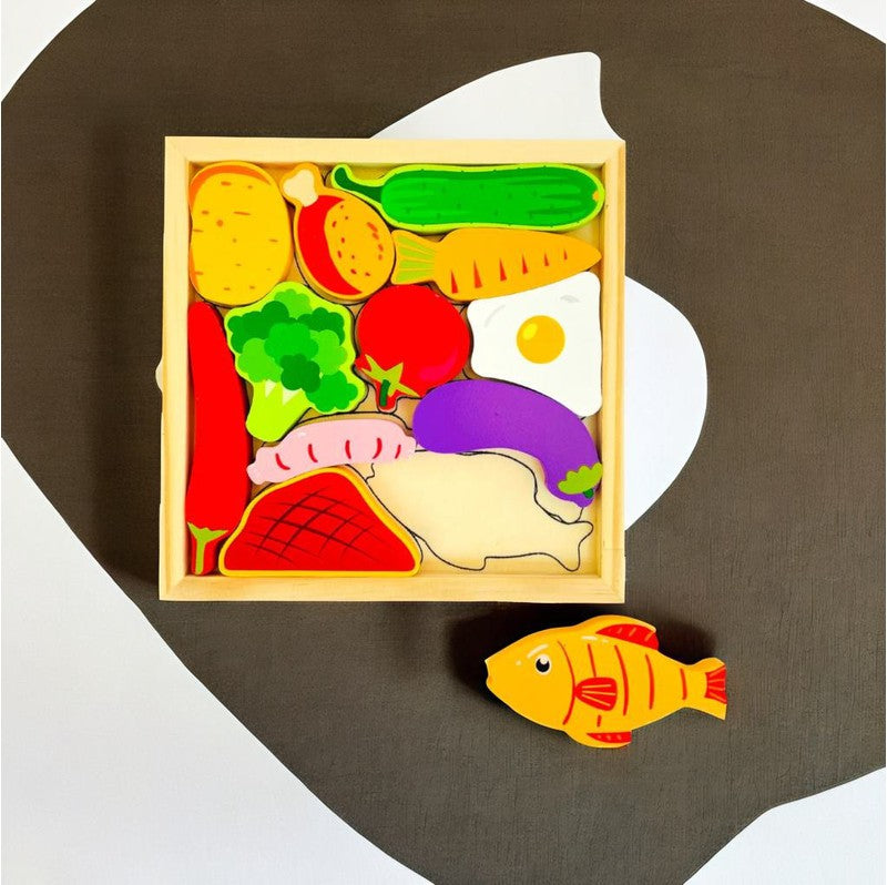 Vegetable Puzzle - Wooden Square Tray With Vegetable Blocks