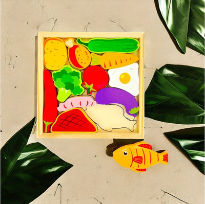 Vegetable Puzzle - Wooden Square Tray With Vegetable Blocks