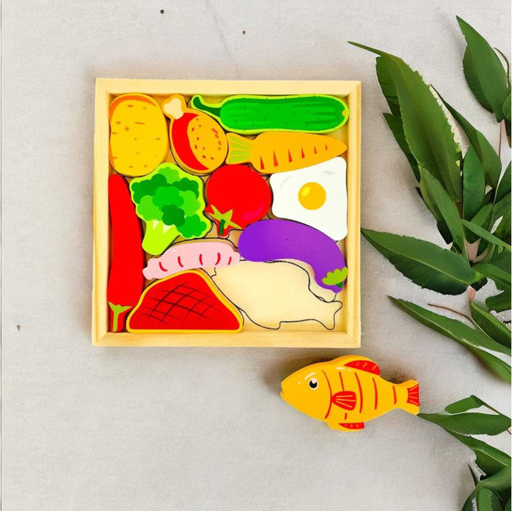 Vegetable Puzzle - Wooden Square Tray With Vegetable Blocks