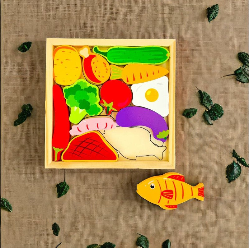 Vegetable Puzzle - Wooden Square Tray With Vegetable Blocks