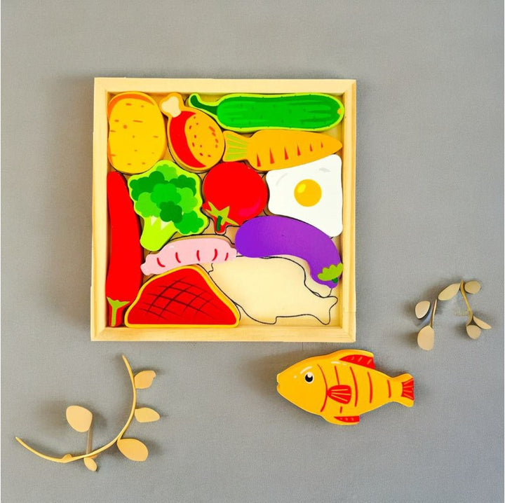 Vegetable Puzzle - Wooden Square Tray With Vegetable Blocks