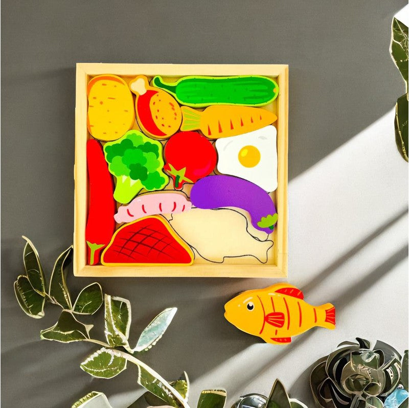 Vegetable Puzzle - Wooden Square Tray With Vegetable Blocks