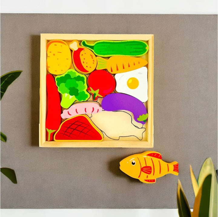 Vegetable Puzzle - Wooden Square Tray With Vegetable Blocks